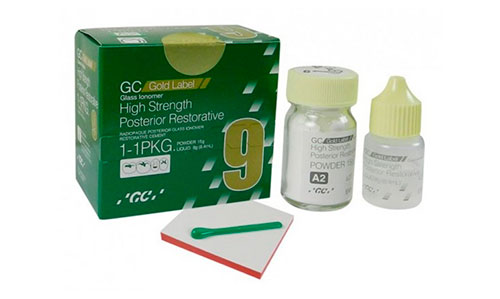 Ionomero de Vidrio Radiopaco Fotopolimerizable Gold Label 9 Mini Pack 5gr y 4.0ml Caja GC Para Restauraciones Posteriores