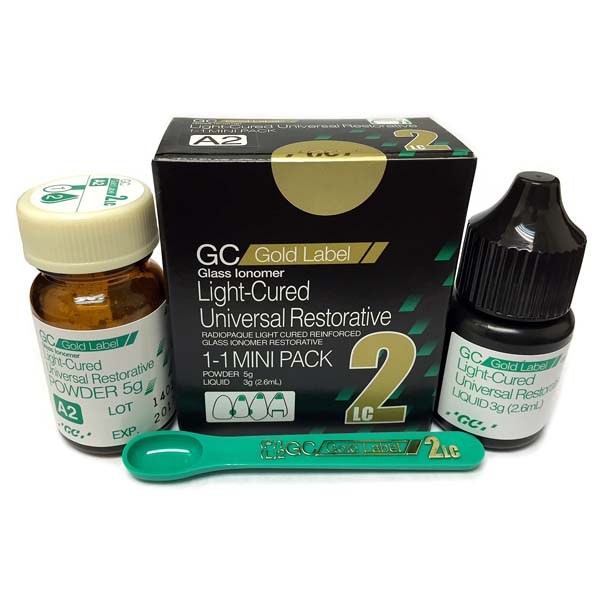 Ionomero de Vidrio Universal Reforzado Fotopolimerizable Radiopaco Mini Pack Gold Label LC2 5gr y 2.6ml Caja GC para Restauraciones 