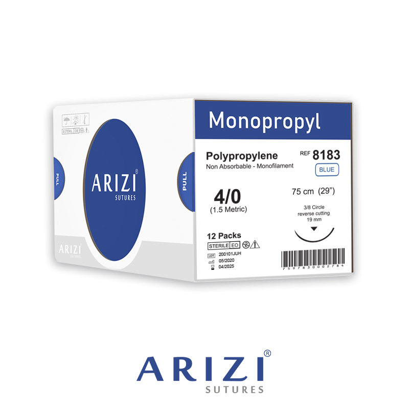 Sutura Monopropyl 8183 Polipropileno 4/0, 75 cm Caja de 12 Unds ARIZI Aguja de 3/8 Corte Inverso 19 mm