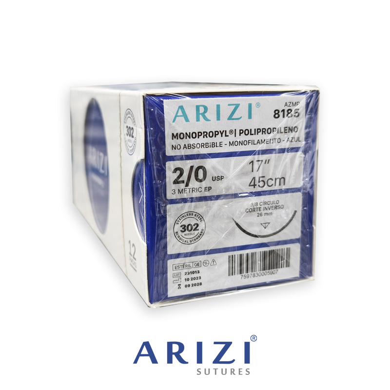 Sutura Monopropyl 8185 Polipropileno 2/0, 45 cm Und ARIZI Aguja de 3/8 Corte Inverso 26 mm