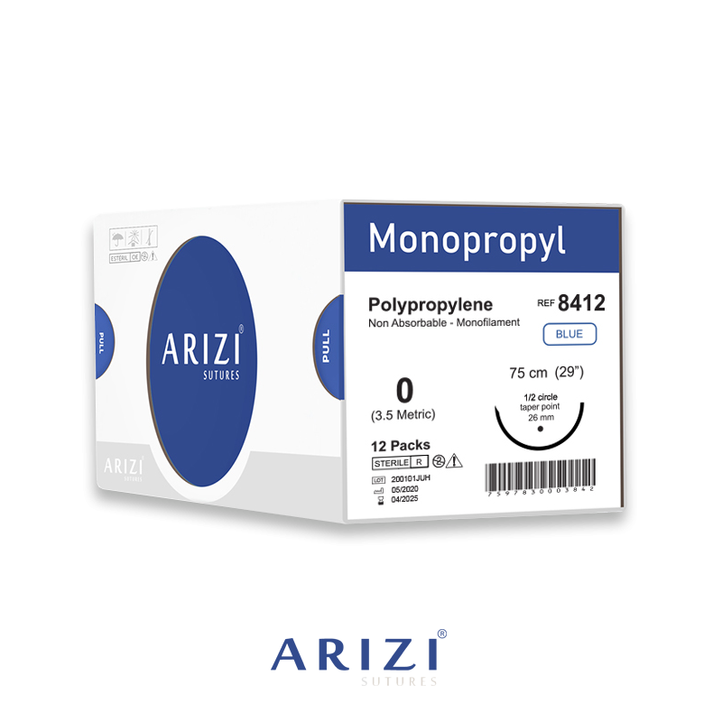 Sutura Monopropyl 8412 Polipropileno 0, 75 cm Caja de 12 Unds ARIZI Aguja de 1/2 Circulo Punta Conica 26 mm