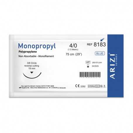 [SUT-MON-ARI-BASE3] Sutura Monopropyl 8183 Polipropileno 4/0, 75 cm Und ARIZI Aguja de 3/8 Corte Inverso 19 mm