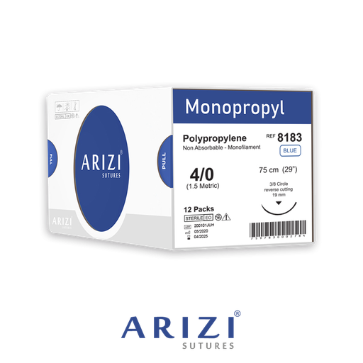 [SUT-MON-ARI-KIT3] Sutura Monopropyl 8183 Polipropileno 4/0, 75 cm Caja de 12 Unds ARIZI Aguja de 3/8 Corte Inverso 19 mm