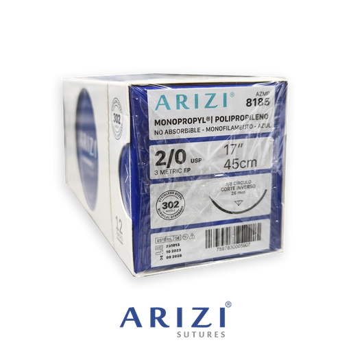 [SUT-MON-ARI-BASE4] Sutura Monopropyl 8185 Polipropileno 2/0, 45 cm Und ARIZI Aguja de 3/8 Corte Inverso 26 mm