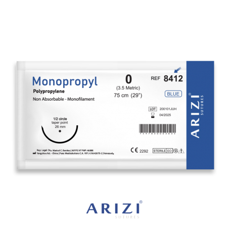 [SUT-MON-ARI-BASE5] Sutura Monopropyl 8412 Polipropileno 0, 75 cm Und ARIZI Aguja de 1/2 Circulo Punta Conica 26 mm
