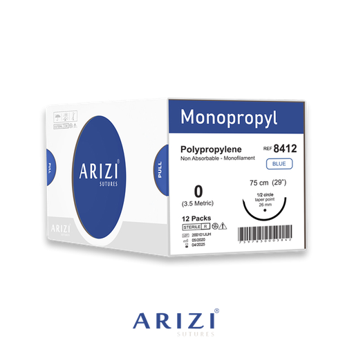 [SUT-MON-ARI-KIT5] Sutura Monopropyl 8412 Polipropileno 0, 75 cm Caja de 12 Unds ARIZI Aguja de 1/2 Circulo Punta Conica 26 mm